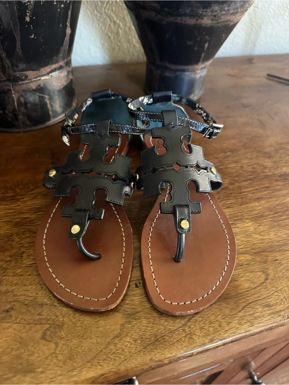 Tory Burch Black Leather Cutout T-Strap Sandals with Brown Footbed